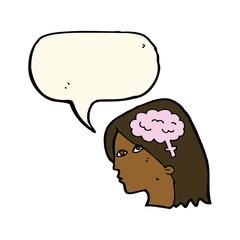 cartoon female head with brain symbol with speech bubble