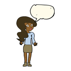 cartoon woman shrugging shoulders with speech bubble