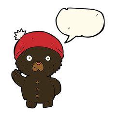 cartoon waving black teddy bear in winter hat with speech bubble