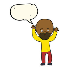 cartoon bearded man panicking with speech bubble