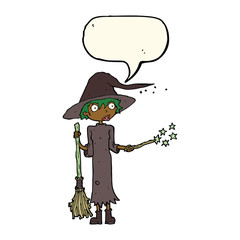 cartoon witch casting spell with speech bubble