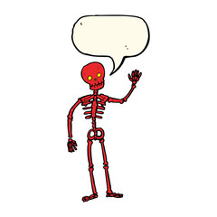 cartoon waving skeleton with speech bubble
