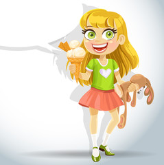 Cute little girl hold toy bunny and ice-cream and with a speech