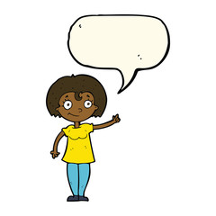 cartoon happy woman pointing with speech bubble