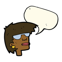 cartoon female face with glasses with speech bubble