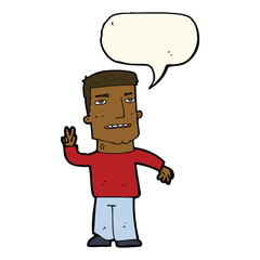 cartoon man giving peace sign with speech bubble