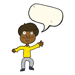 cartoon happy man waving with speech bubble
