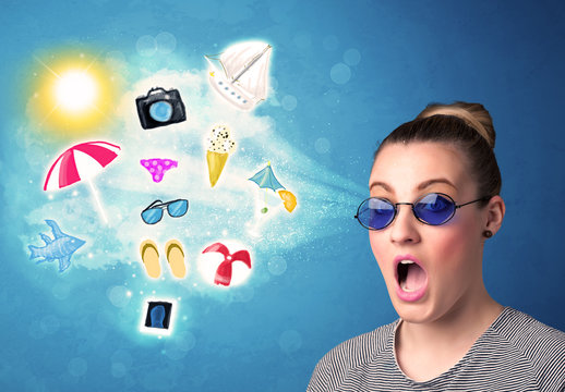 Happy joyful woman with sunglasses looking at summer icons