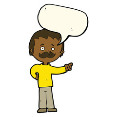 cartoon man with mustache pointing with speech bubble