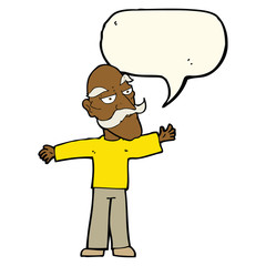 cartoon old man spreading arms wide with speech bubble