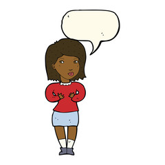 cartoon woman making excuses with speech bubble