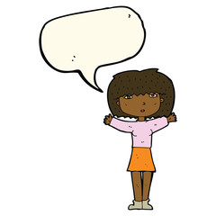 cartoon woman raising arms in air with speech bubble
