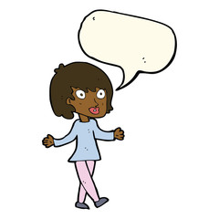 cartoon woman with open arms with speech bubble