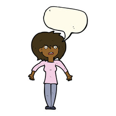 cartoon woman shrugging shoulders with speech bubble