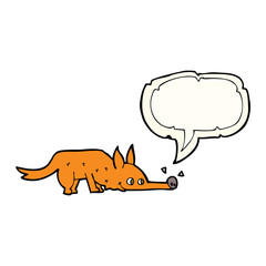 cartoon fox sniffing floor with speech bubble
