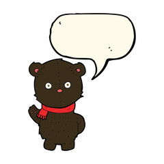 cartoon waving black bear cub with speech bubble
