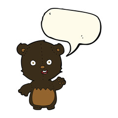 cartoon waving black bear cub with speech bubble