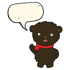 cartoon black bear wearing scarf with speech bubble