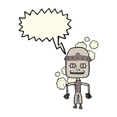 funny cartoon old robot with speech bubble