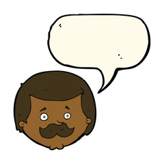 cartoon man with mustache with speech bubble