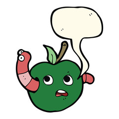 cartoon worm in apple with speech bubble