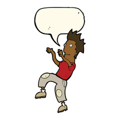 cartoon happy man doing funny dance with speech bubble