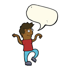 cartoon happy man doing funny dance with speech bubble