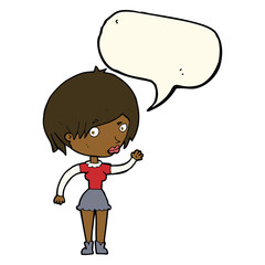 cartoon waving woman with speech bubble