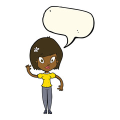 cartoon pretty woman waving with speech bubble