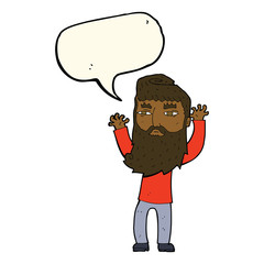 cartoon bearded man waving arms with speech bubble