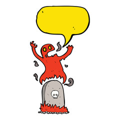 cartoon ghost rising from grave with speech bubble