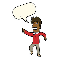 cartoon frightened man pointing with speech bubble