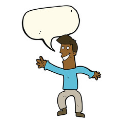 cartoon happy man dancing with speech bubble