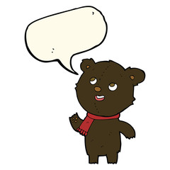 cartoon black bear wearing scarf with speech bubble