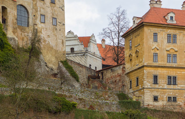 Fototapeta na wymiar Great view on the large castle wall in Czeski Krumlov in Czech Republic