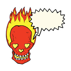 cartoon flaming skull with love heart eyes with speech bubble