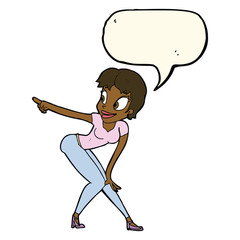 cartoon pretty woman pointing with speech bubble