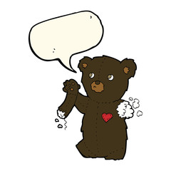 cartoon teddy black bear with torn arm with speech bubble