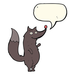 cartoon waving wolf with speech bubble
