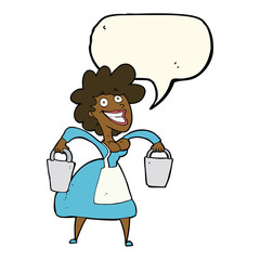 cartoon milkmaid carrying buckets with speech bubble