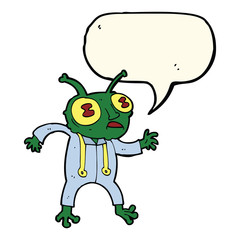 cartoon alien spaceman with speech bubble