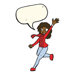 cartoon woman waving dressed for winter with speech bubble