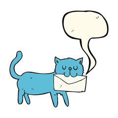 cartoon cat carrying letter with speech bubble