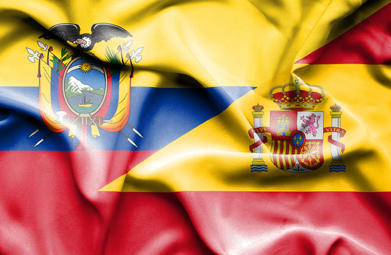 Waving flag of Spain and Ecuador