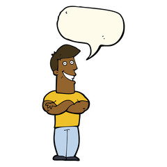 cartoon grinning man with speech bubble