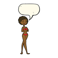 cartoon retro woman in bikini with speech bubble