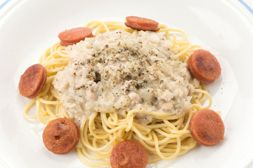 spaghetti cream sauce with sausage