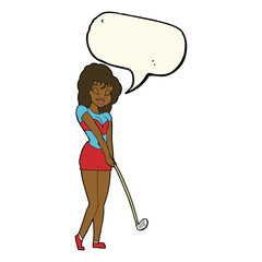 cartoon woman playing golf with speech bubble