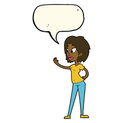cartoon woman waving with speech bubble