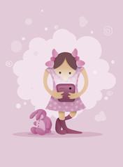 Girl in pink dress playing with mobile smartphone in hands.